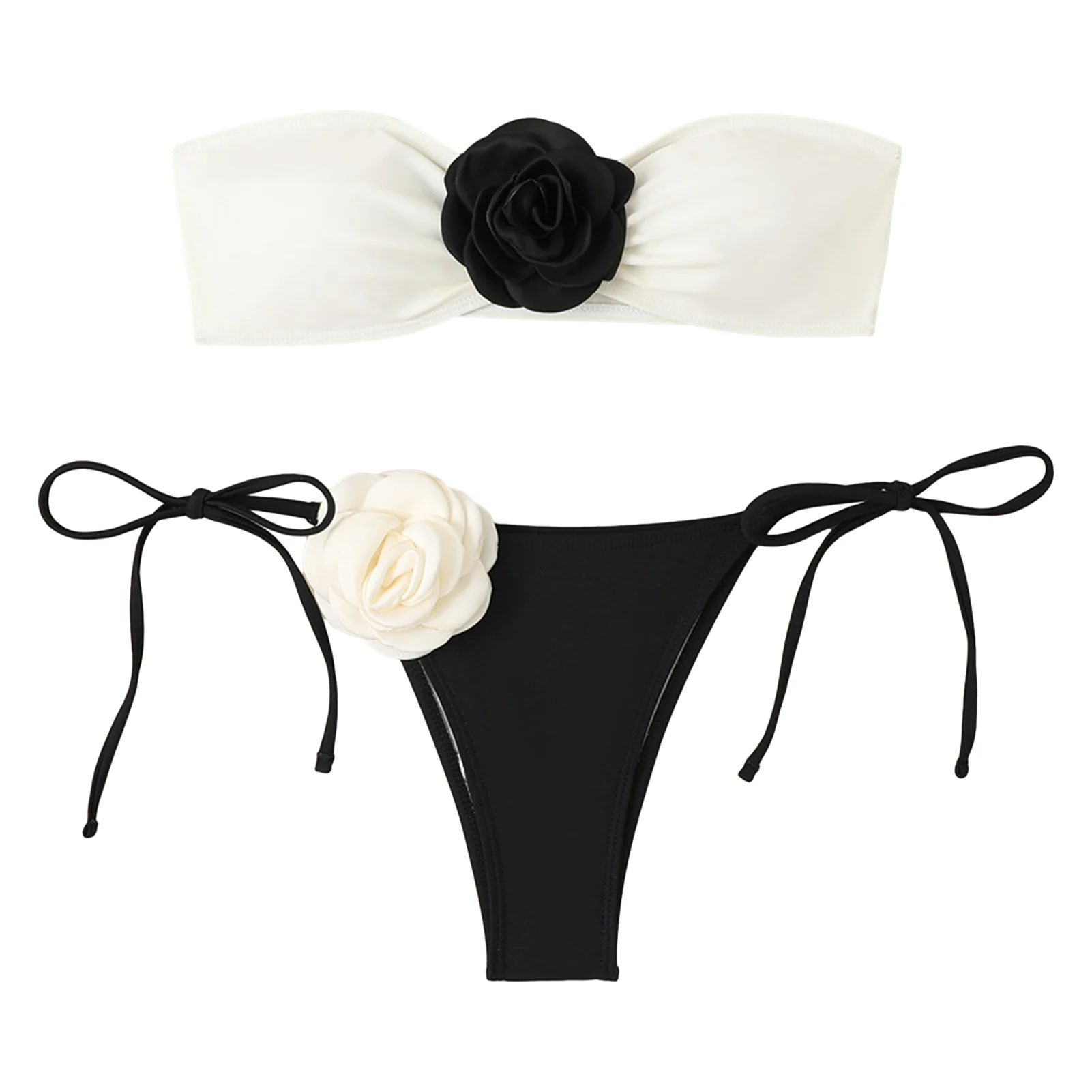 Costume Da Bagno Donna 2 Pezzi Costume Da Bagno Bikini A Fascia Con Fiori 3D Costume Da Bagno Bikini A Triangolo Laterale Per Ragazze Adolescenti Da D