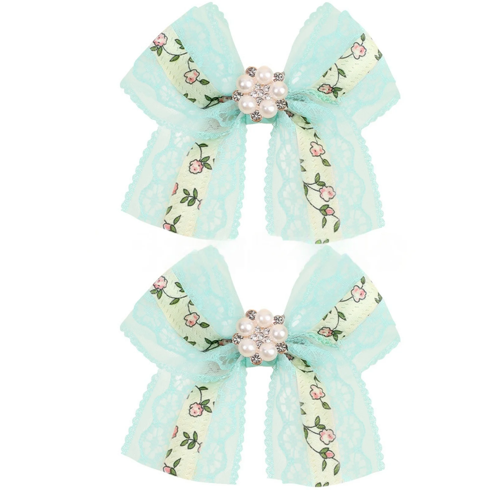 2PCS Floral Lace Bow Hair Clips for Girls,Pearl Accents, Cute Hair Accessories for Kids, Perfect for Daily & Party Looks