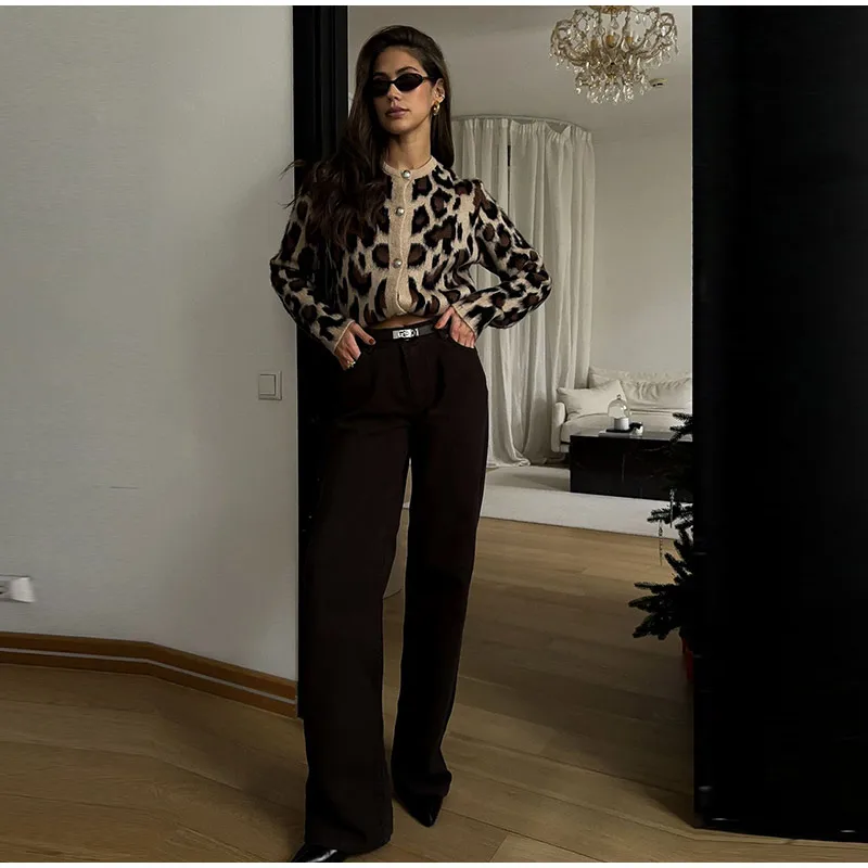 Vintage Knitted Leopard Cardigan Women Casual Slim Single Breasted O-Neck Sweaters Female Chic Versatile Basic Street Knitwear