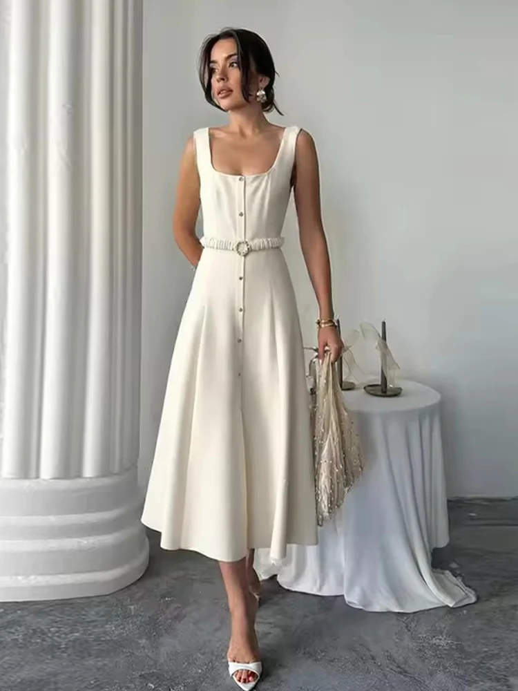 Fashion With Belt Long Dress For Women Sleeveless Single Breasted Slim Dress 2025 Summer Elegant Lady Commute Midi Dresses