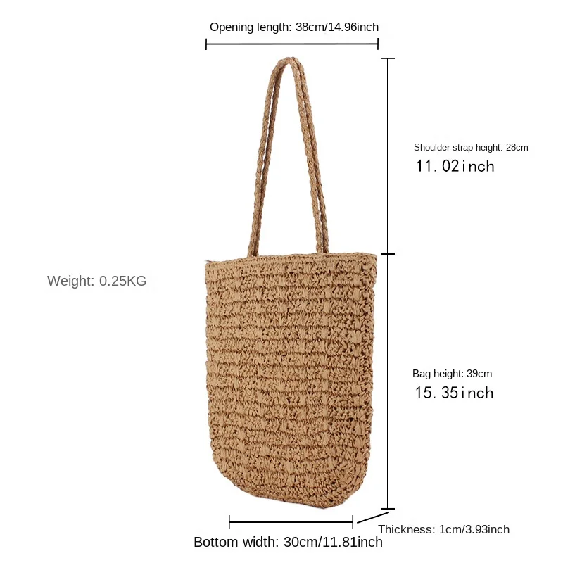 Summer vintage straw bag, square vertical braided shoulder bag, French ethnic casual tote bag
