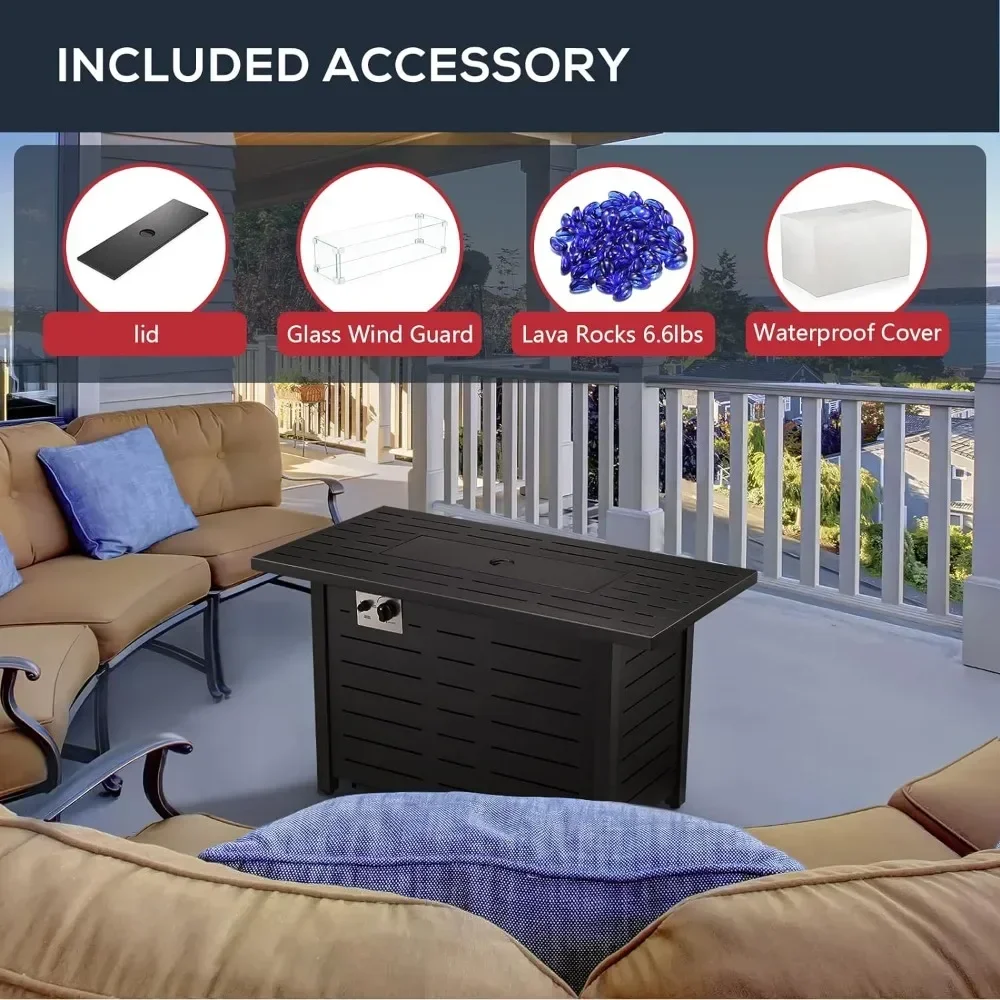 Propane Fire Pit Table with Blue Glass Rocks and Tempered Glass Wind Guard Outdoor Fire Pit with Lid and Rain Cover 43"
