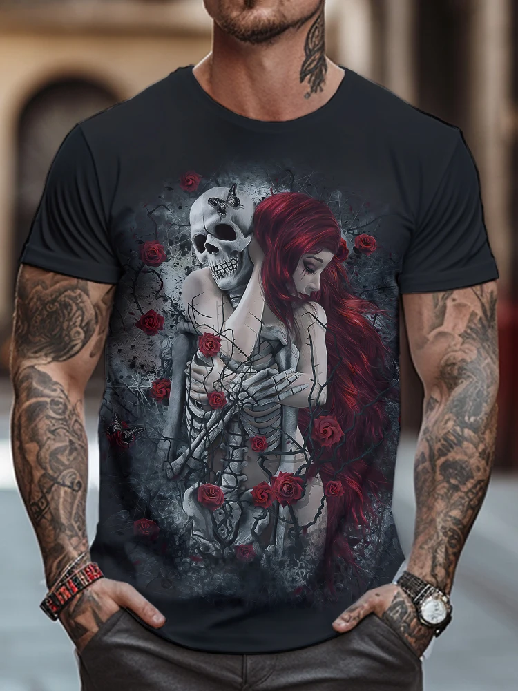 

Fashion Round Neck T-shirts Summer Loose Casual Men's T-shirt Beauty and Skeleton 3D Digital Printing Short Sleeve T Shirts