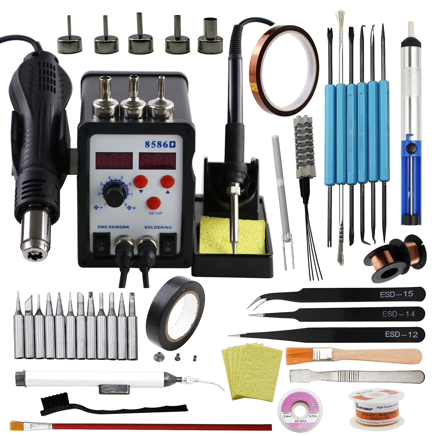 휴대폰 수리용 납땜 제거 스테이션, 납땜 다리미, 2 in 1 핫 에어 건, BGA SMD 납땜 재작업, 용접 도구 키트, 8586D