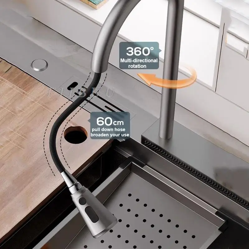 Waterfall Kitchen Sink Topmount Single Bowl Wash Basin Stainless Steel Workstation with Drain Accessories Knife Holder Faucet 3