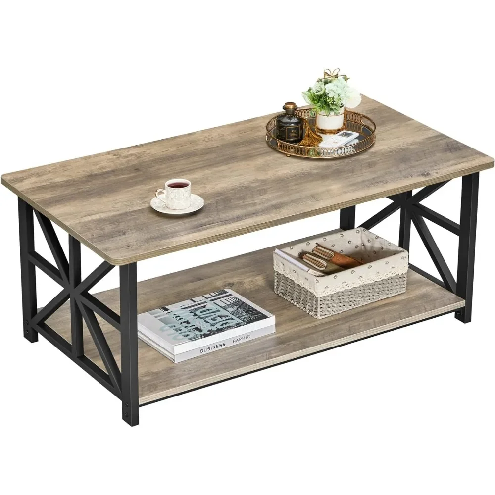 

Coffee Table for Living Room with Round Corners Farmhouse Style Center Table with Storage Shelf Space Saving Easy Assembly