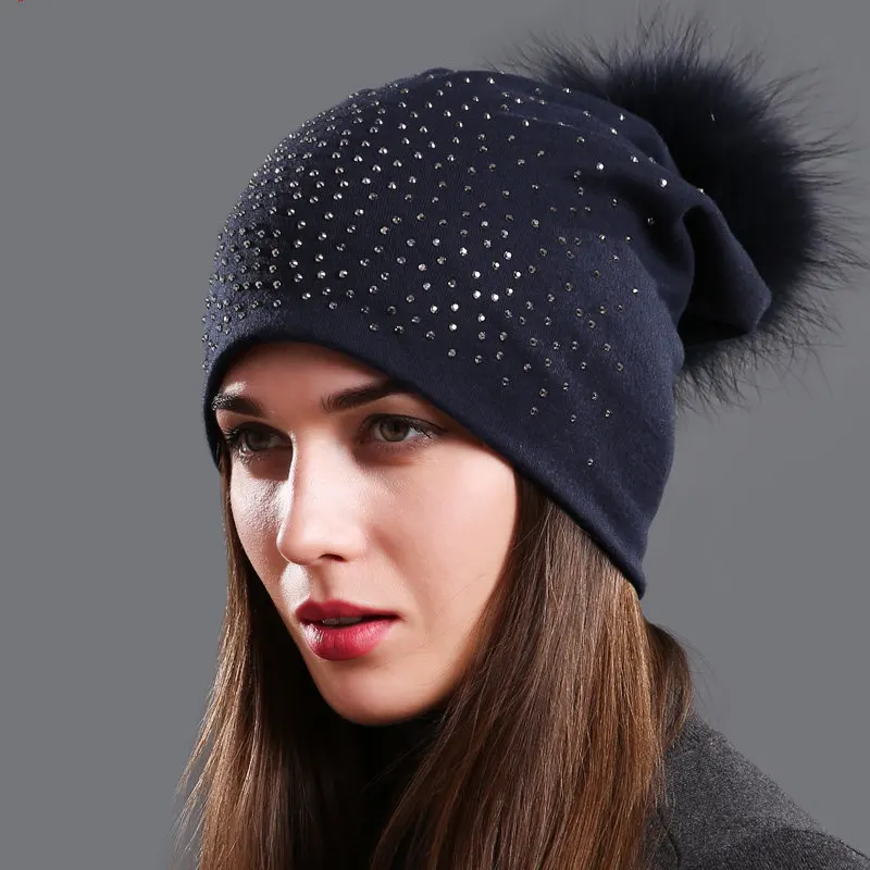Women's Pompom Beanie Hats Autumn Winter Rhinestones Cotton Slouchy Beanies for Women Ladies Hat With Genuine Raccoon Fur Pompon 5