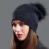 Women's Pompom Beanie Hats Autumn Winter Rhinestones Cotton Slouchy Beanies for Women Ladies Hat With Genuine Raccoon Fur Pompon 5