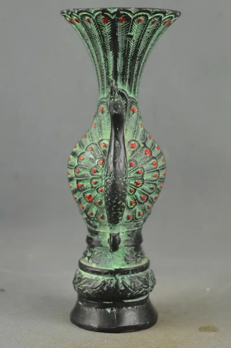 Collectible Handwork Old Bronze Carving Peacock Auspicious Vase 4