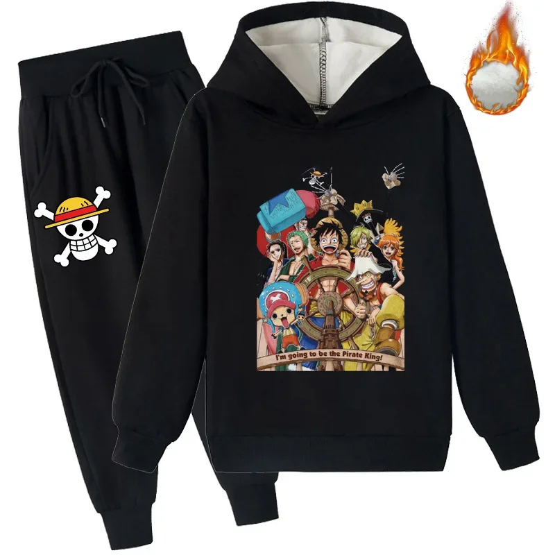 

One Piece 2024 New Children's Fashion Printed Velvet Boys and Girls Sportswear Hoodie Sweatshirt + Velvet Pants Set