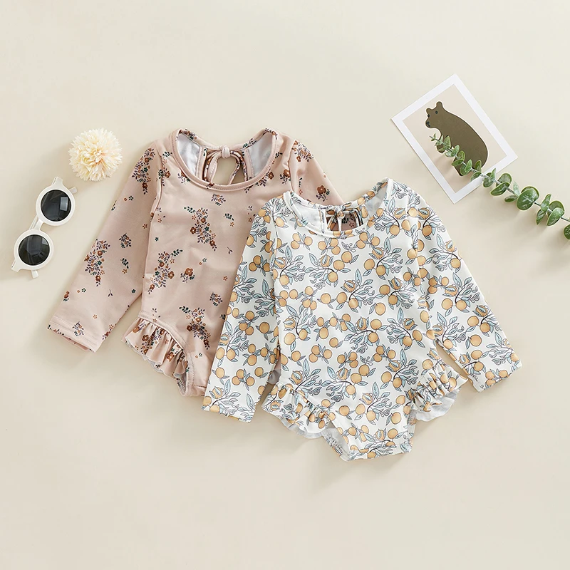 Toddler Baby Kids Girls Summer Swimsuits Floral Print Long Sleeve Ruffles Jumpsuit Swimwear Beachwear Bathing Suits children swimwear swimsuit one piece