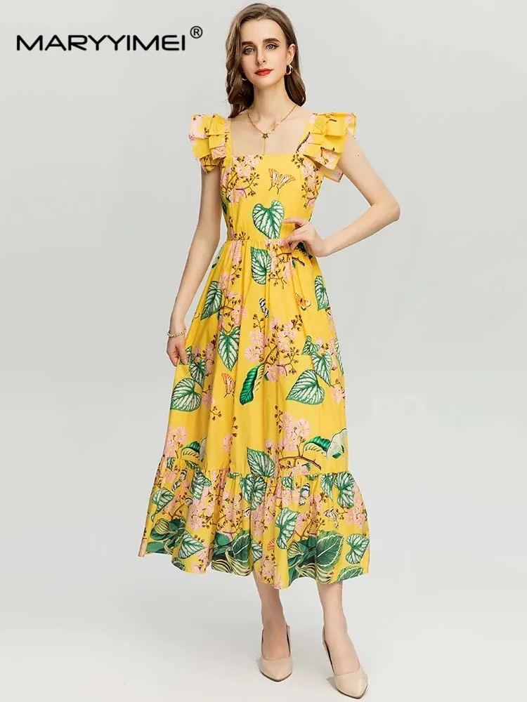 

Женское модельное платье MARYYIMEI, осенне-зимнее женское платье с квадратным воротником и высокой талией, с принтом бабочек и цветов, желтое женское платье