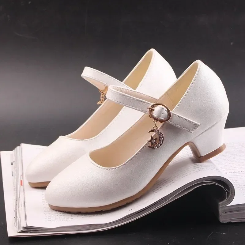 Children Girls Leather Shoes White Princess High Heel Shoes for Kids Girls Performance Dress Student Show Dance Sandals 28-41