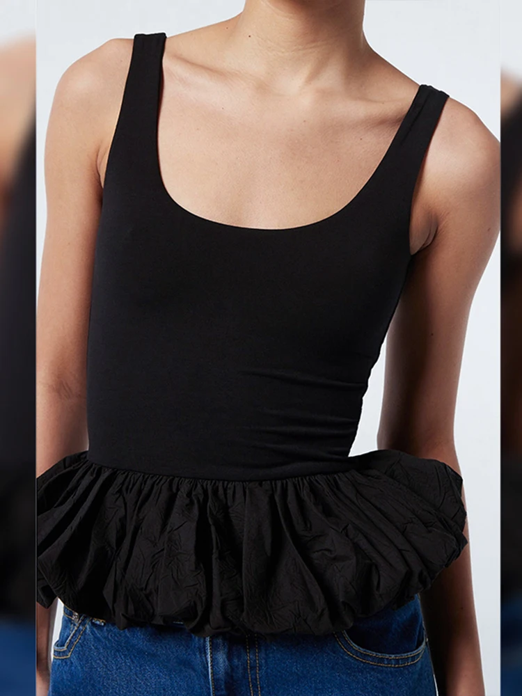 Ruffle Trim Women Tops Solid Concise All-matched Summer U-neck Backless Slim Crop Tanks Female Romantic Trend Streetwear