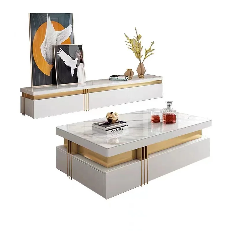 Luxury Design Furniture Metal Sofa Center Tables Marble Coffee Table With Drawers Tv Stand And Coffee Table Set