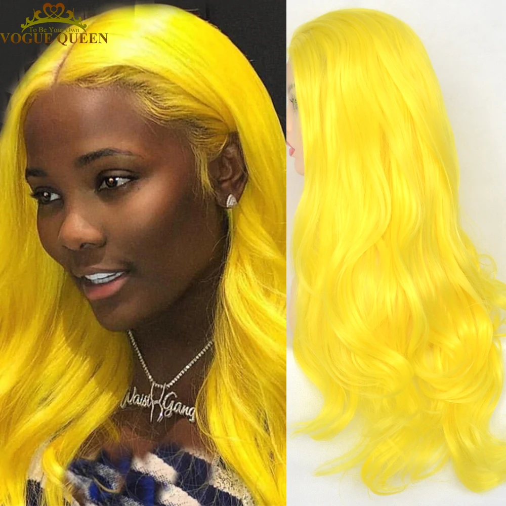 13&times;4L Sexy Yellow Synthetic Lace Front Wig Long Natural Wave Free Parting Cosplay For Women