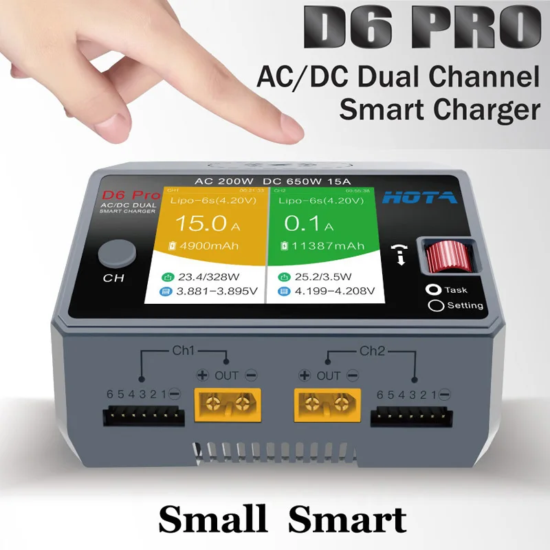 

Зарядное устройство Hota D6 Pro Ac 200 Вт Dc 650 Вт 15a D6 Dc 2x325 Вт 2x1 5a с беспроводной зарядкой для 1-6s Lipo Lihv/nizn/nicd/nimh аккумуляторов