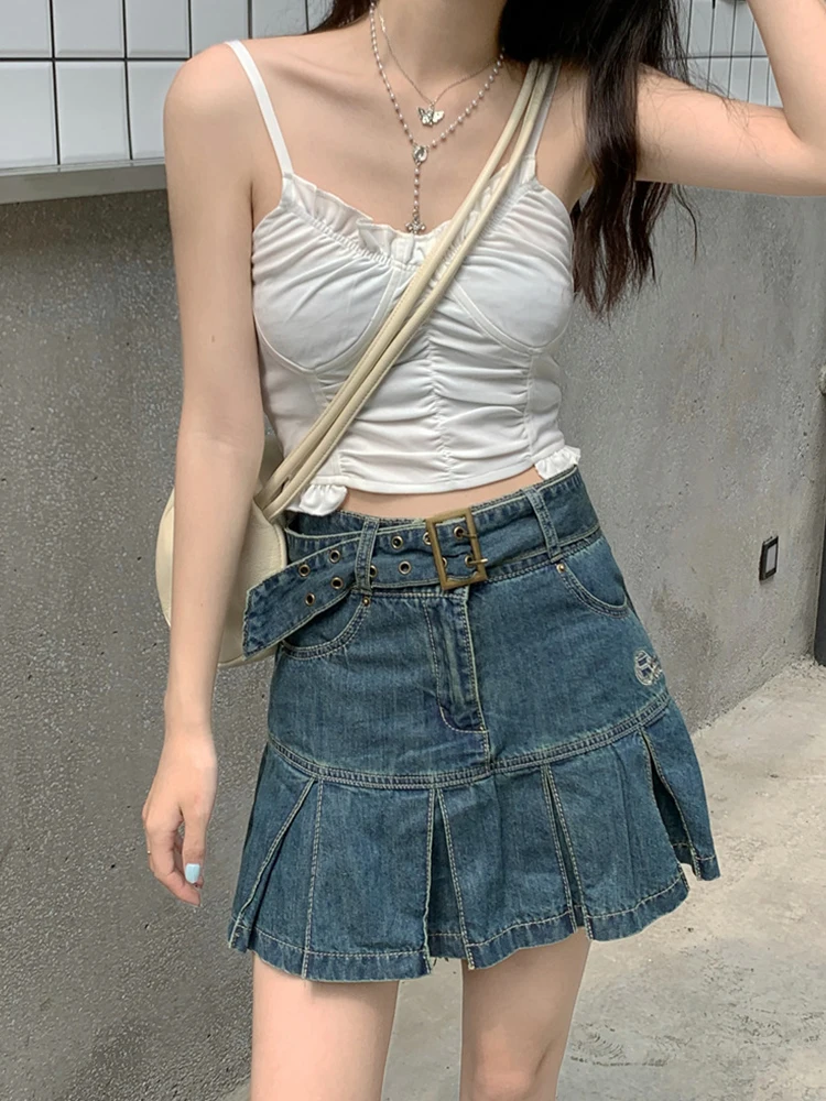 

Gavestis Y2K Kawaii Hot Girl Denim Mini Skirt Womens Summer Korean Style Pleated High Waist Slim Goth Mini A Word Short Skirt