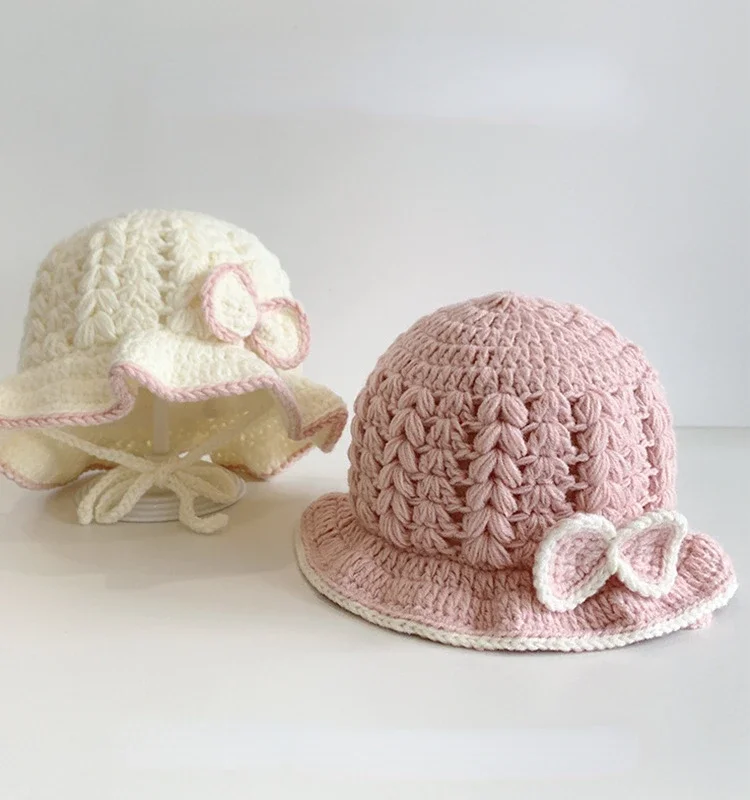 Cute Bow Ruffle Baby Beanie Bonnet Hat Winter Thicken Knitted Newborn Girls Lacing Cap Solid Color Infant Ear Protection Hats