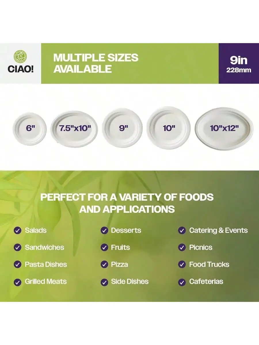 CIAO! 9" Heavy Duty Plate Compostable PFAS Free Unbleached Bagasse Natural White Pack of 500