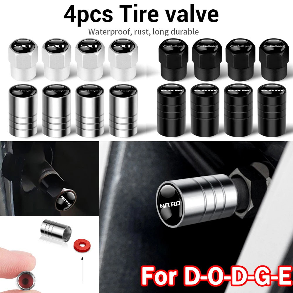 4Pcs Car Metal Wheel Tire Valve Air Stem Caps Covers Per Dodge Journey Ram 1500 Charger Avengr Demon Srt Challenger Caliber Sxt