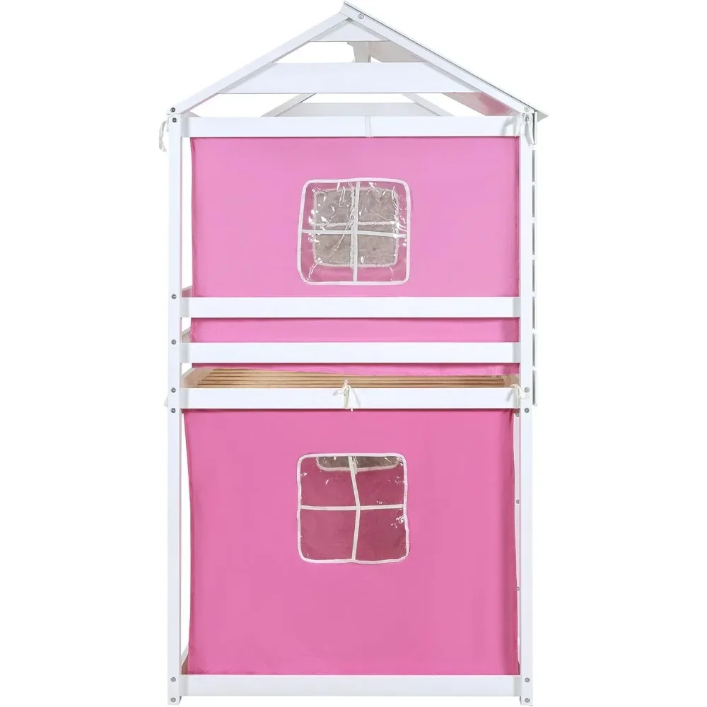 Twin Over Twin Bunk Bed with Tent, Wood Twin Size House Bed Frame, Pink+White Modern Plywood, Pine Wood, MDF House Bunk Bed 5
