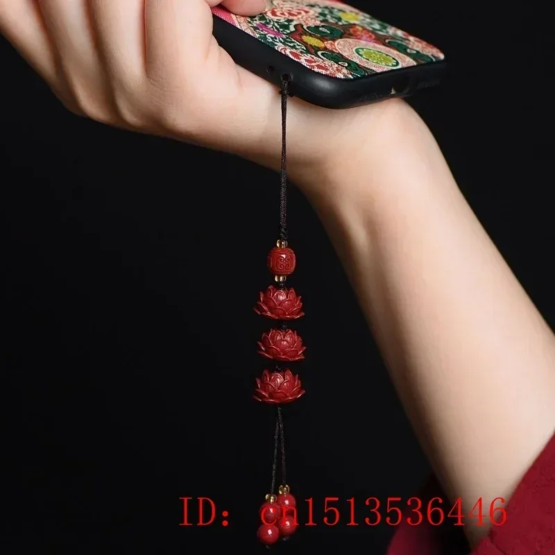 Cinnabar Lotus Key Chain Organic Jewellery Carved Fashion Chinese Natural Charm Gifts Amulet Bag Buckle Pendant Red key chain charm