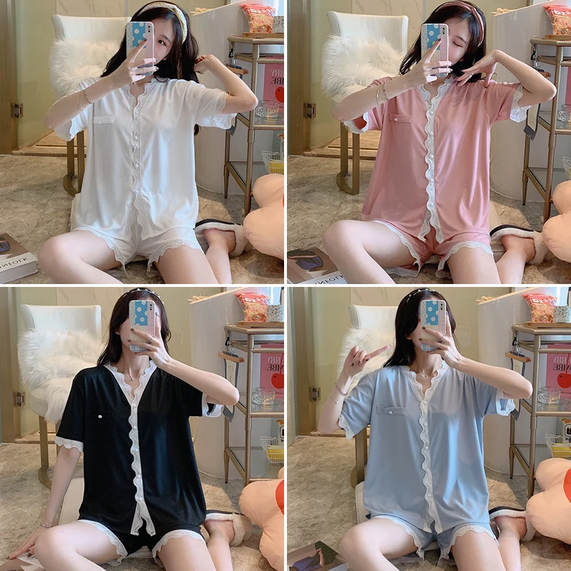 Women's pajamas suit 2024 summer short-sleeved pit stripe imitation cotton cardigan V-neck lace casual sweet homewear pajamas