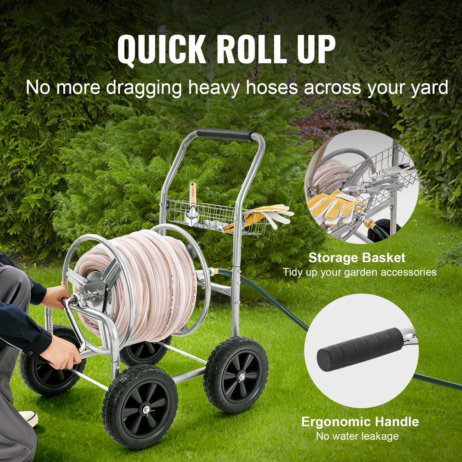 Heavy Duty Steel Garden Hose Reel Cart with Basket