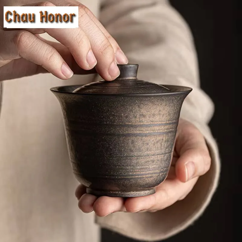 150ml Handmade Thin Tire Iron Rust Glaze Gaiwan Japanese Anti Scalding Tea Tureen Tea Maker Cover Bowl Cha Drinkware Collection