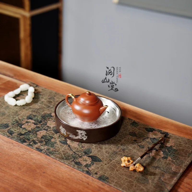 

★★★Yueshan Hall | Hidden Mountain Pot tray Hand-Punched Tin Cover Paint Gold Painting Craft Tea Mat Ornaments