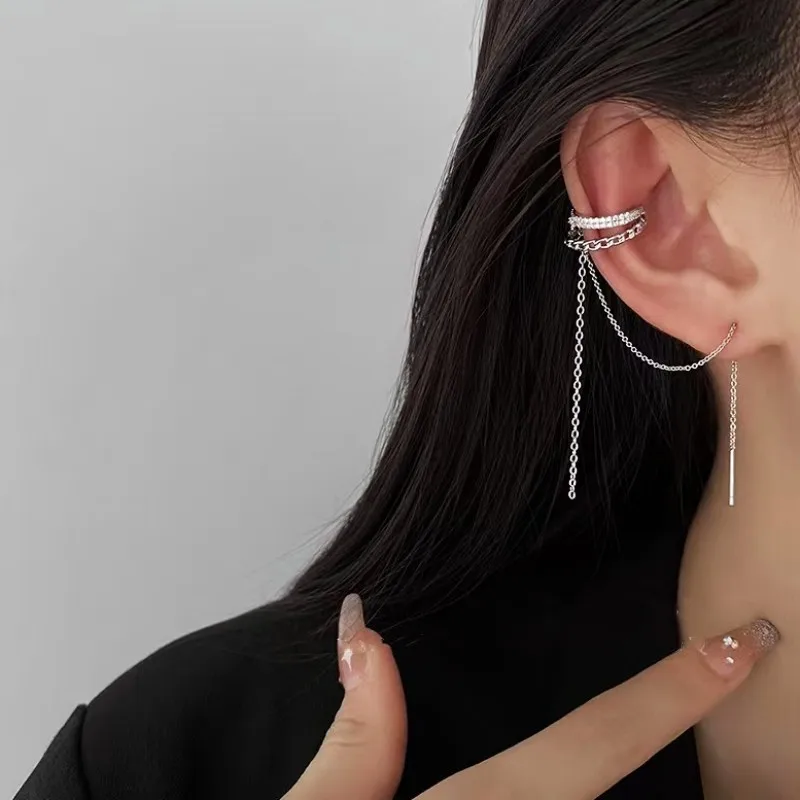 Ear Clip Earrings Clip Earrings Ear Clip Stud Earrings Ear Accessories 1Pcs Double Layer C-Shaped Ear Cuff Earrings Long Tassel Rhinestones Piercing Stud Earring Trendy Women Jewelry