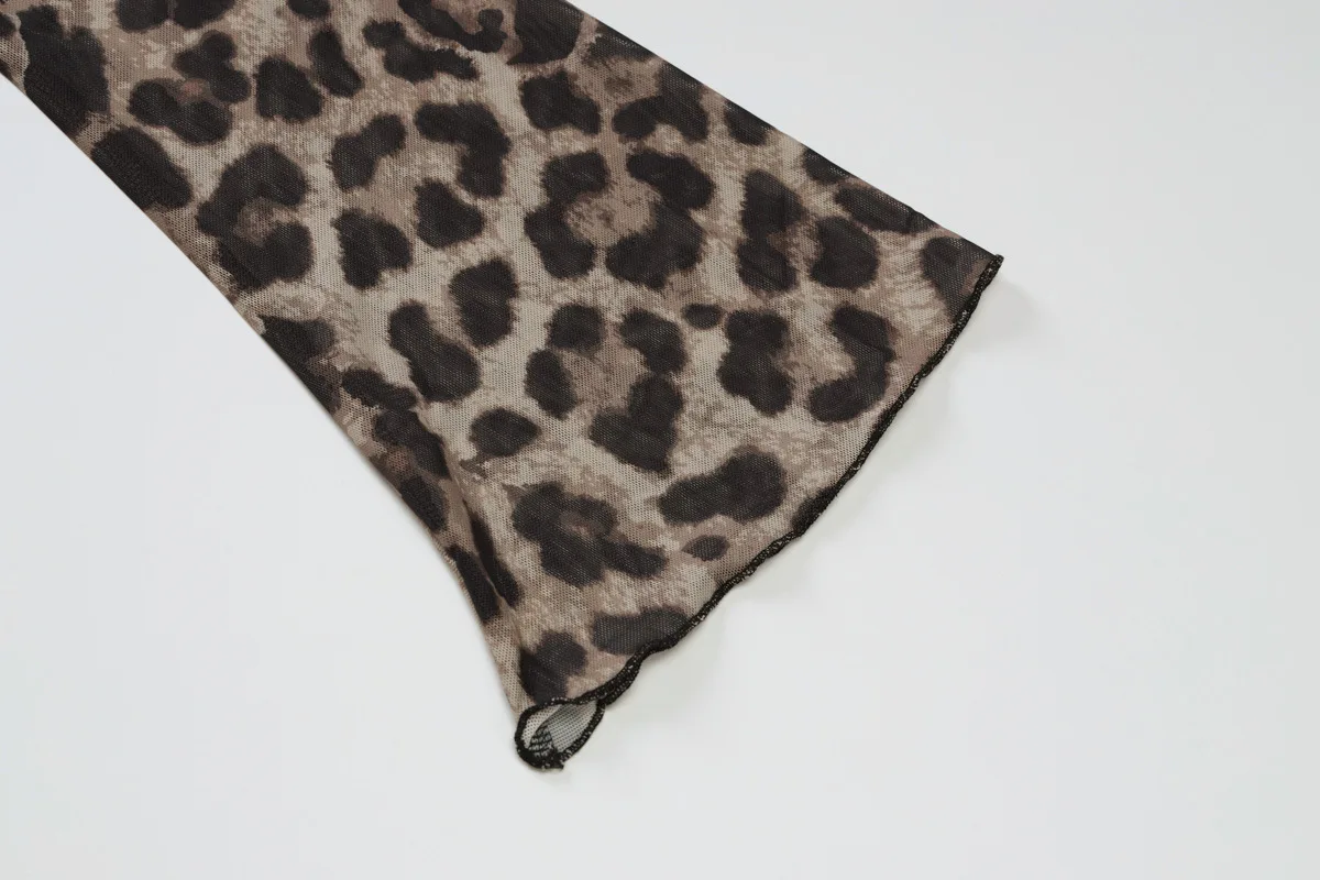 Leopard Printed Mesh T-shirt Top For Women Off-Shoulder Long Sleeve Cropped Y2k Top Pullover Contrast Female Slim Tee