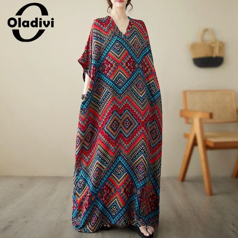 

Oladivi Fashion Print Large Size Women Bohemian Beach Dress 2023 Summer Maxi Long Dresses Ladies Oversized Clothing 8XL 9XL 5851