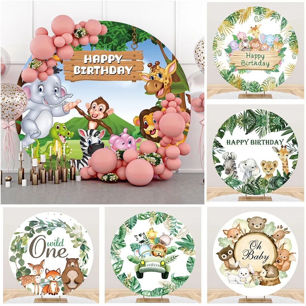

Jungle Forest Animals Round Photography Backdrop Wild One Baby Shower Birthday Party Decoration Cartoon Circle Background