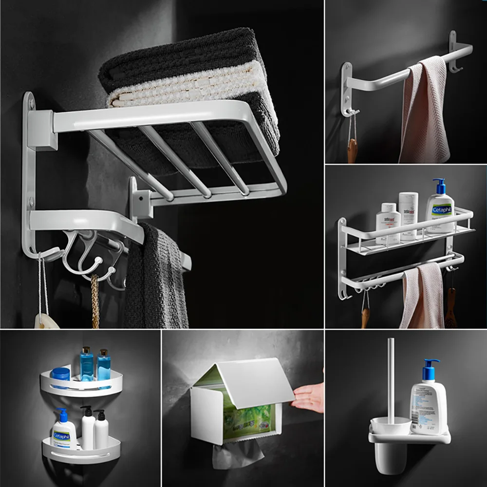 

Tianview White bath towel rack towel rack without holes space aluminum bathroom hardware hanging bathroom thickening shelf