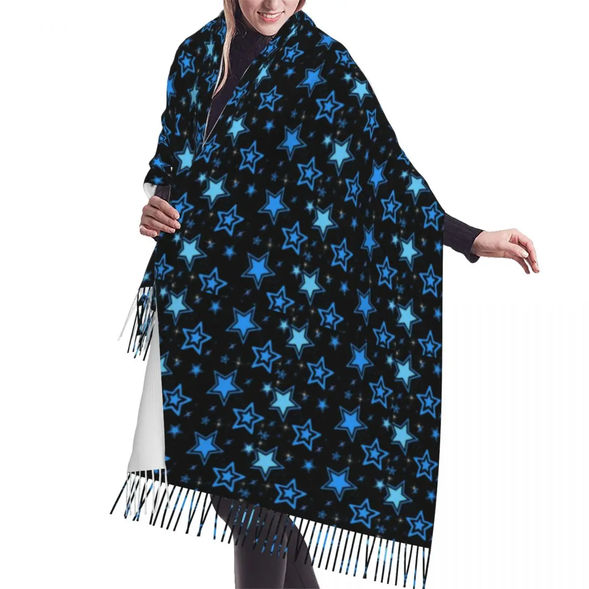 

Fashion Y2K Stars Pattern Tassel Scarf Women Winter Warm Shawl Wrap Lady Fashion Versatile Scarves