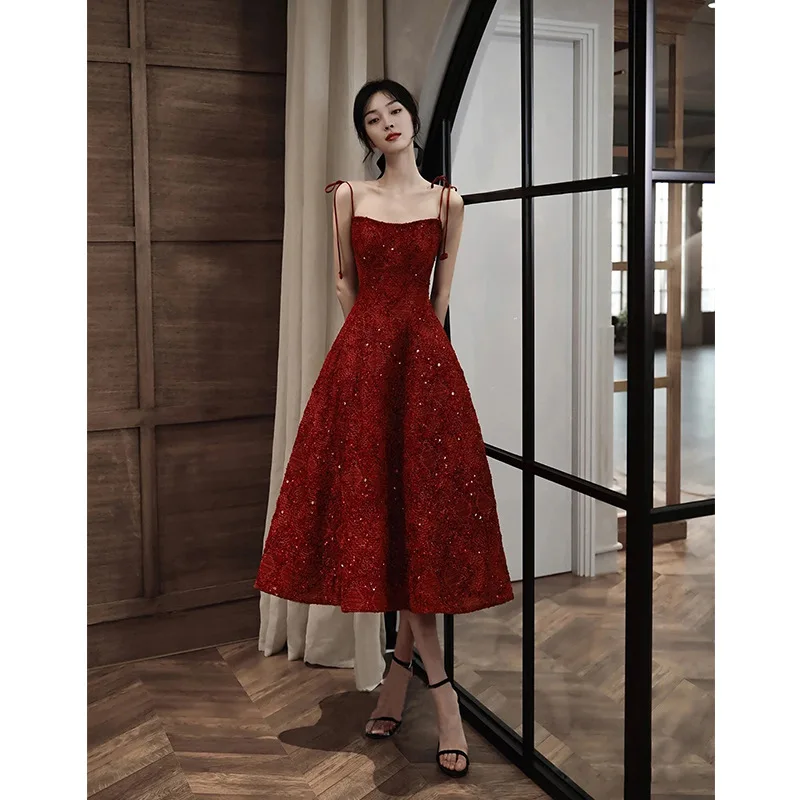 

Women Burgundy Spaghetti Long A-line Evening Dresses Bride Exquisite Sequins Formal Party Dresses Toast Clothing