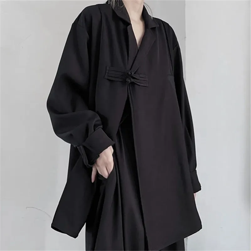 Chinese Style Shirt Jacket Long Sleeve Tops Men Women Vintage Loose Turndown Collar Hanfu Autumn Casual Kimono Hombre