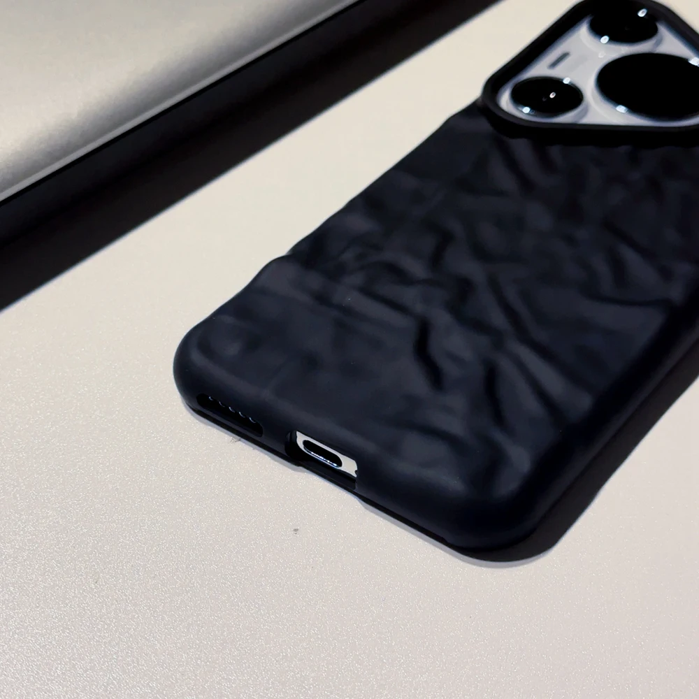 Coque de téléphone à plis 3D noir mat pour Huawei P40 P50 P60 Mate 30 40 50 60 Pro Pura 70 Pro Ultra Honor 50 Soft Cover_voghion.com