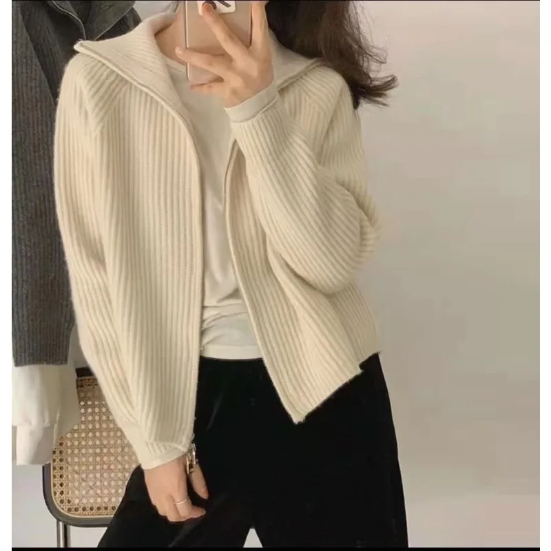 

Autumn and winter lazy wind stand-up collar knit cardigan solid color zipper design sense niche lapel sweater woman