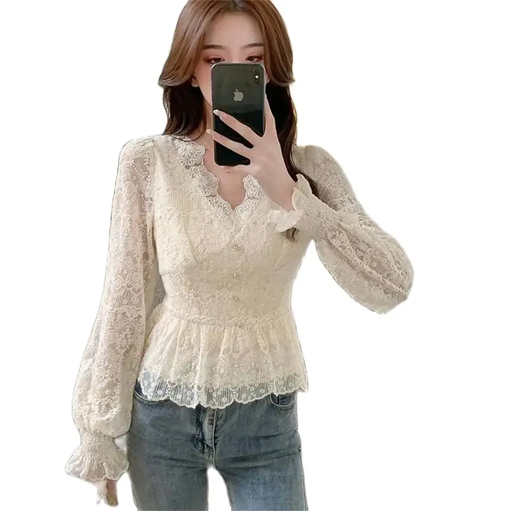

French Retro Lace Shirt V-neck Slim Temperament Fairy Petal Sleeve Blouse Design Lace Blouses Shirts Lady Blusas Tops
