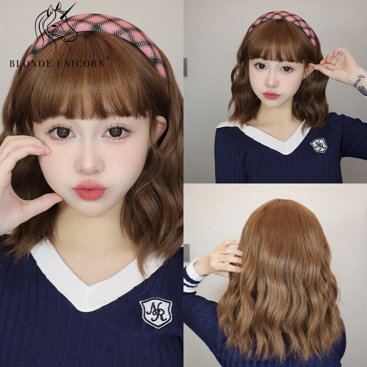 Blonde Unicorn Ombre Brown Short Bob Wigs with Bangs Party Cosplay Halloween Natural Hair Synthetic Heat Resistant Fiber