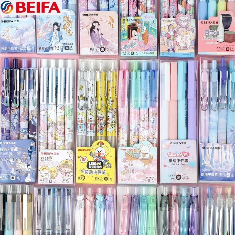 BEIFA  Kawaii 4Pc Set Of Mute Buttons Neutral Pen Student Office Stationery Supplies Cute Morandi Japanese Anime Color Scheme 9pcs morandi planner journal pen set student note pen color pen press neutral pen office school supplies