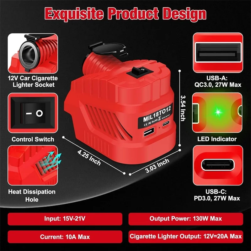 240W DC 12V Buck Converter Regulator Car Cigarette Lighter for Milwaukee  18V