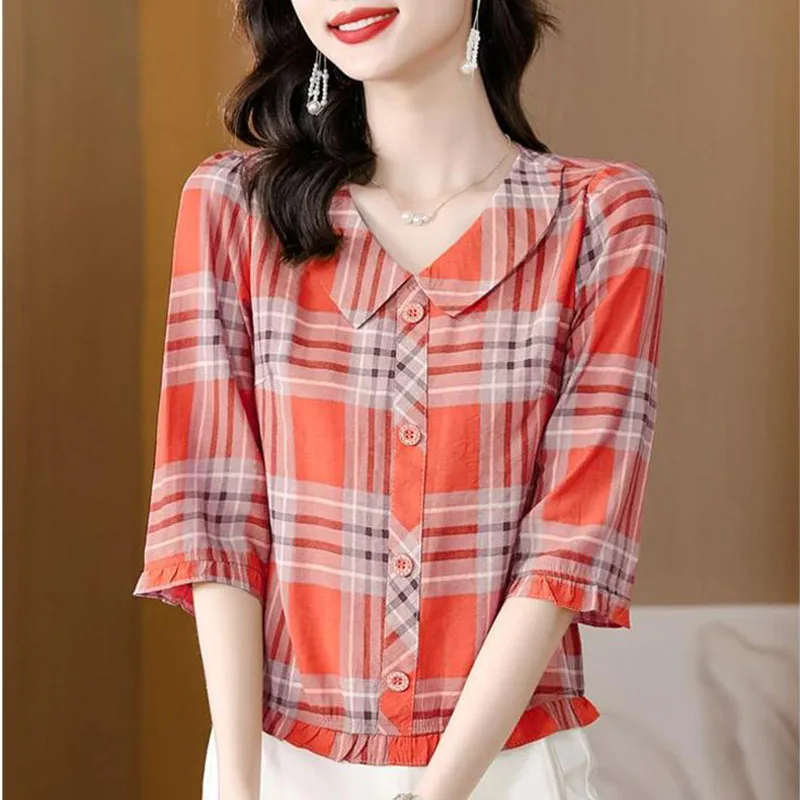 Fashion Peter Pan Collar Spliced Ruffles Plaid Blouse Women's Clothing 2024 Summer New Oversized Casual Tops office lady Shirt