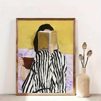 บทคัดย่อผู้หญิงอ่านหนังสือและเครื่องดื่มกาแฟผ้าใบพิมพ์สีเขียวลายผู้หญิง Wall Art โปสเตอร์สําหรับห้องนั่งเล่นตกแต่งบ้าน 2