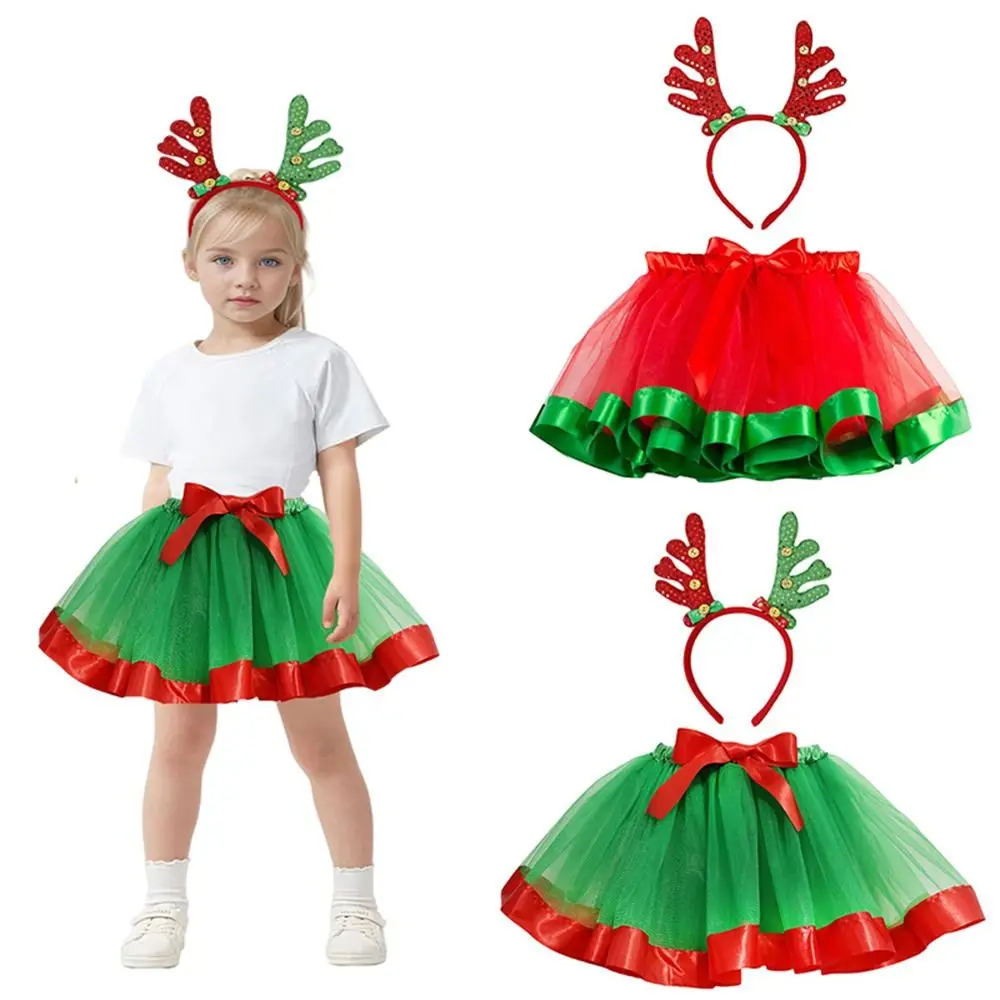 With Antler Headband Christmas TUTU Skirt Set for Kids 2-Piece Set Mesh Christmas Party Performance Outfit