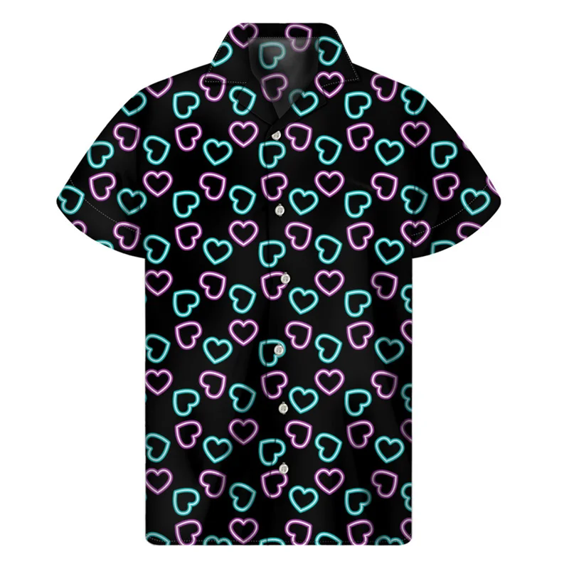thumbnail image 1 of Camisa hawaiana con estampado 3D de corazones de amor popular para hombres y mujeres, camisas hawaianas de verano, blusas de manga corta con botones y solapa de calle, 1 of 5