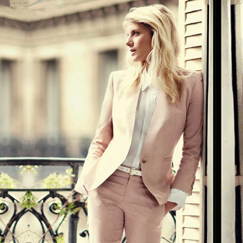 

Elegant Pink Women Suit 2 Piece Set V Neck Casual Business For The Office Tailleur Femme Jacket With Pants